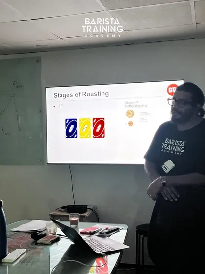 Our trainer giving a presentation on the stages of roasting. We believe that teaching is the best way to deepen our own understanding.