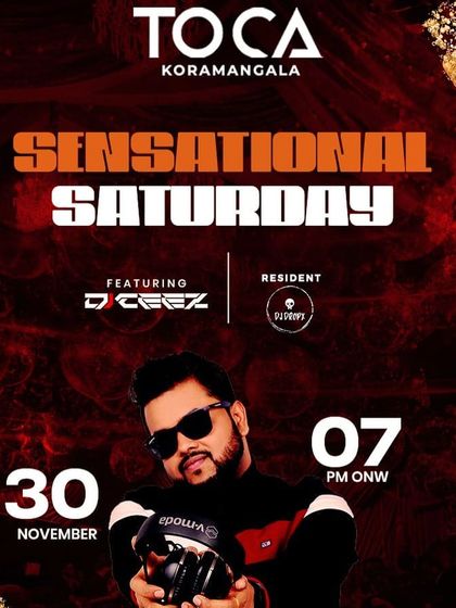 Poster for "Sensational Saturday" at Toca Koramangala, promising a glitz and glam event.