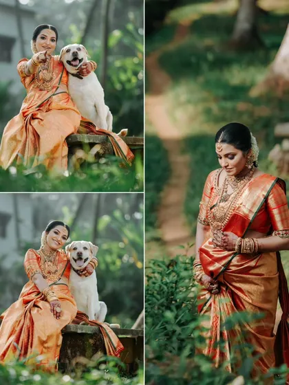 The whole family is excited, including the furry members. This collage shows a playful and personal side of a traditional maternity shoot, capturing the mom to be with her beloved pet.