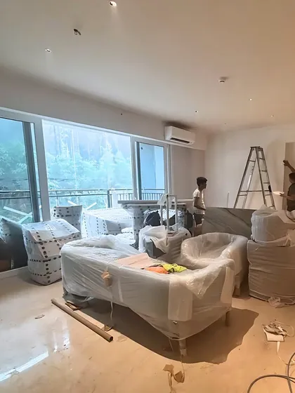 Furniture, still wrapped for protection, arrives on site. This is an exciting moment in any project, when the space begins to be filled with the elements that will make it a home.