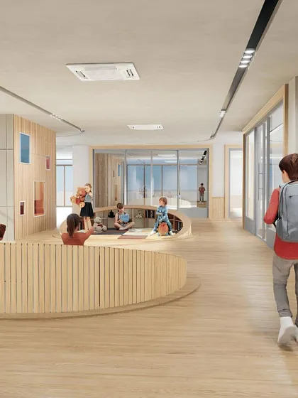 At Mother's Pet School, the floor plane is designed to be a playful landscape. This render shows how seating nooks and varied levels encourage children to interact with their environment in a tactile and imaginative way.