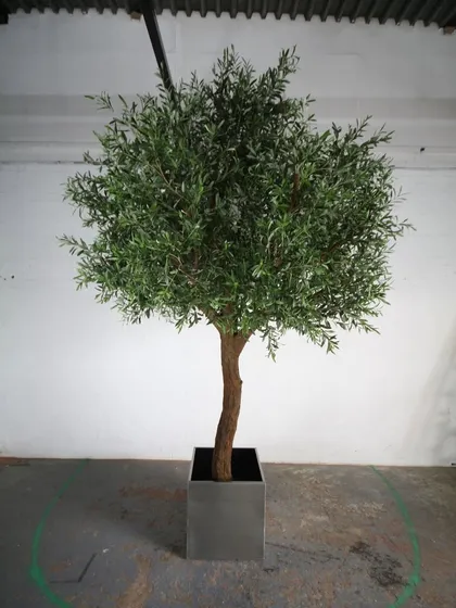 A highly realistic artificial olive tree in a modern metallic planter, ideal for adding a touch of Mediterranean style to interiors.