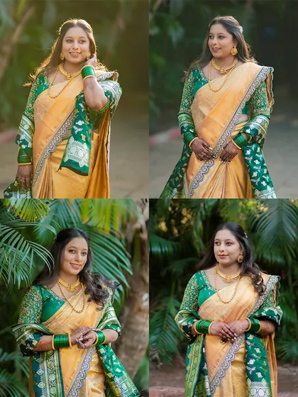 A collection of portraits of a bride in a gorgeous yellow and green saree, showing off her outfit from different angles.