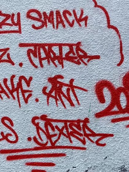 A collection of red graffiti tags from a fun painting session with my crew. Tagging is the foundation of graffiti, and it's always fun to practice handstyles with other writers.