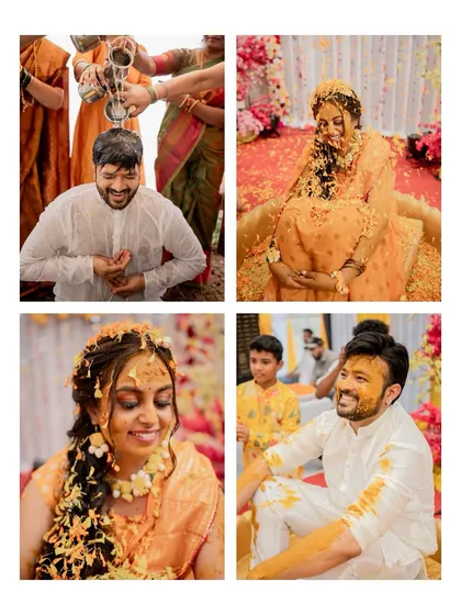 A four-photo grid capturing the various rituals and joyful expressions of both the bride and groom during their Haldi ceremony.