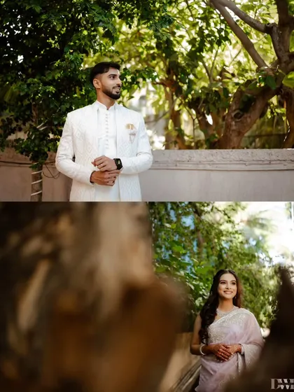 A creative collage of individual portraits, showing the bride and groom in their engagement attire. The shots are framed by nature, adding an artistic touch.