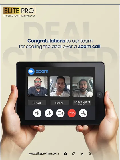 We make buying property seamless, no matter where you are. This image captures our 'Zoom pe deal, dil se delivery' philosophy, showcasing a deal closed virtually, a service especially beneficial for our NRI and remote clients.