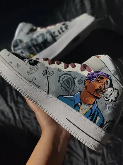 A close-up of the Tupac portrait on the custom AF1s. Capturing his likeness was the most important part of this project.