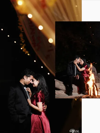 A collage showing a couple's romantic evening, with a close-up under soft lights and a wider shot by a bonfire.