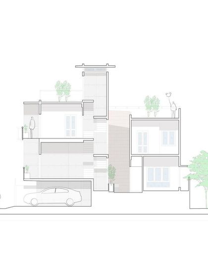 The split-level design is clarified in this sectional drawing. The section shows how the volumes are arranged to allow visual connection across the central core of the house, ensuring that natural light floods the interior spaces from top to bottom.