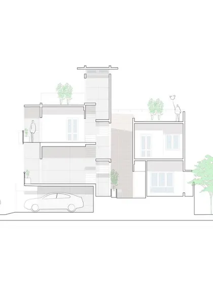 The split-level design is clarified in this sectional drawing. The section shows how the volumes are arranged to allow visual connection across the central core of the house, ensuring that natural light floods the interior spaces from top to bottom.