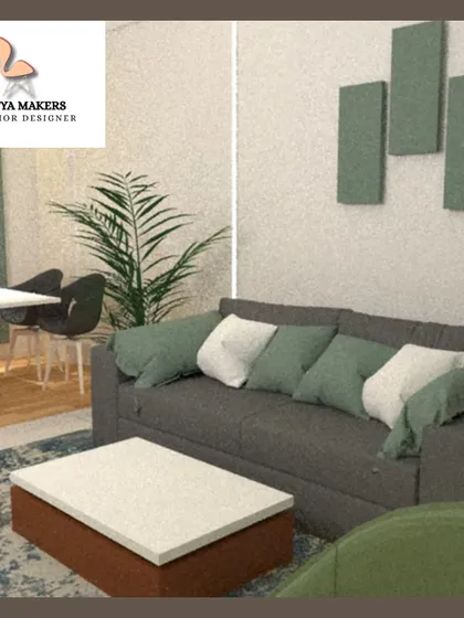 A simple, modern living room concept with a grey sofa and touches of green.