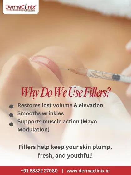 An infographic explaining why we use fillers. They restore lost volume, smooth wrinkles, and support muscle action to keep your skin looking plump, fresh, and youthful.