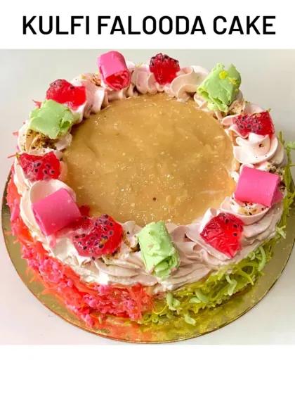 A fusion of dessert worlds: the Kulfi Falooda Cake. This unique creation captures the flavors of the beloved Indian dessert with rose, pistachio, and vermicelli notes.