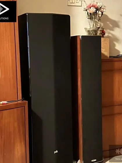 Another angle of the Polk Audio Legend L800 speakers in their new home. These speakers are known for their detailed and expansive soundstage, making them a fantastic choice for serious music and movie lovers.