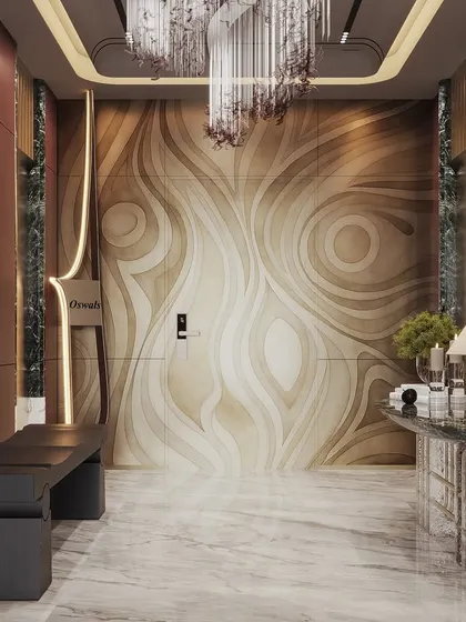 A direct view of the feature door, rendered to emphasize its intricate, wave-like patterns and the way it commands the space.