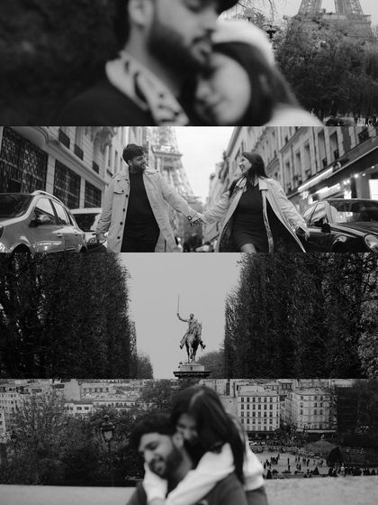 A black and white collage of cinematic moments in Paris. It features the couple in motion, walking through the city streets and sharing quiet embraces, creating a film-noir feel.