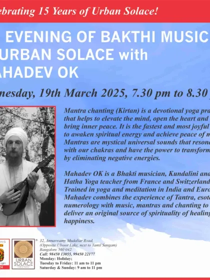 An event poster for an evening of Bhakti Music with Mahadev OK. We love to offer diverse spiritual and musical experiences at our cafe.