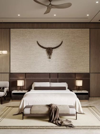 Multiple views of a bedroom with a rustic-modern aesthetic, featuring wood paneling and a decorative bull skull. Our renders capture the warm, earthy tones and the balance between rugged and refined elements.