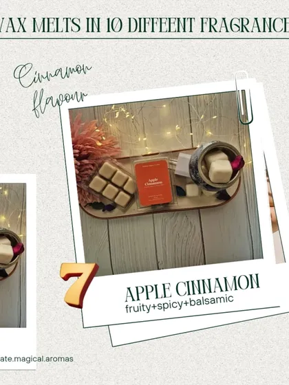 My 'Apple Cinnamon' wax melts, perfect for a fruity and spicy aroma. Discover my collection of ten captivating fragrances and find your favorite.