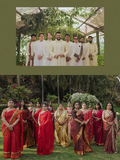 A collage of group portraits with the bridesmaids and groomsmen. The coordinated red sarees of the bridesmaids create a visually stunning and traditional look.