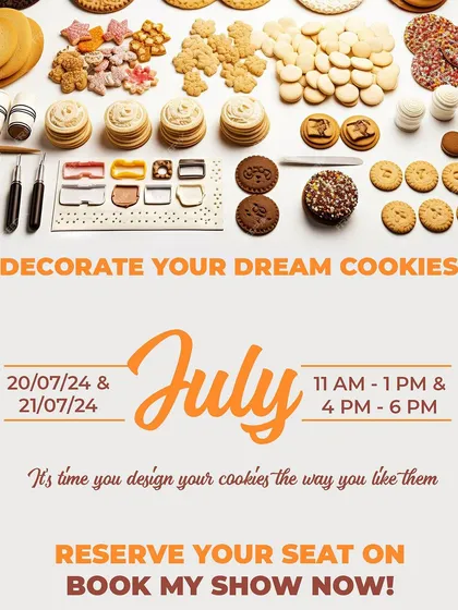 Our 'Decorate Your Dream Cookies' poster, showcasing a huge variety of cookies and decorating tools. This workshop is all about letting your creativity run wild.
