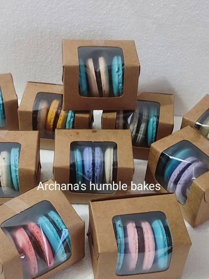 Small boxes of my assorted eggless macarons make for perfect party favors or return gifts. Each box contains a colorful selection of different flavors.