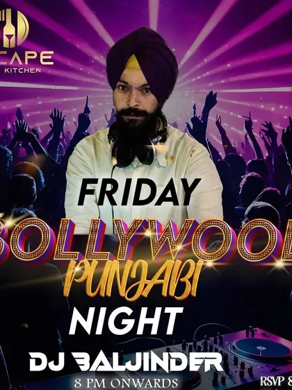 A poster for a Friday night Bollywood Punjabi event at Escape Bar on Kanakapura road.