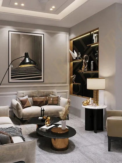 A cozy lounge-like setup at home, featuring a neutral palette, layered lighting, curated shelving, and striking artwork.