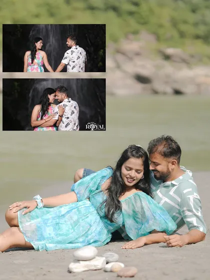 A collage combining waterfall portraits with a relaxed shot of the couple lying on the riverbank.