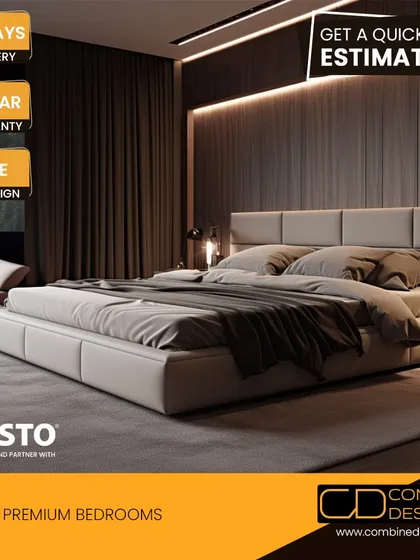 A modern, minimalist premium bedroom with a low-profile bed and dramatic backlighting.