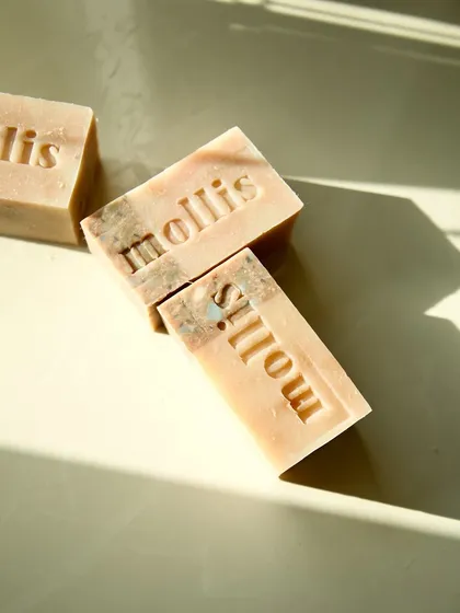 The terrazzo-like texture of the Amber Musk soap comes from recycled soap shavings.