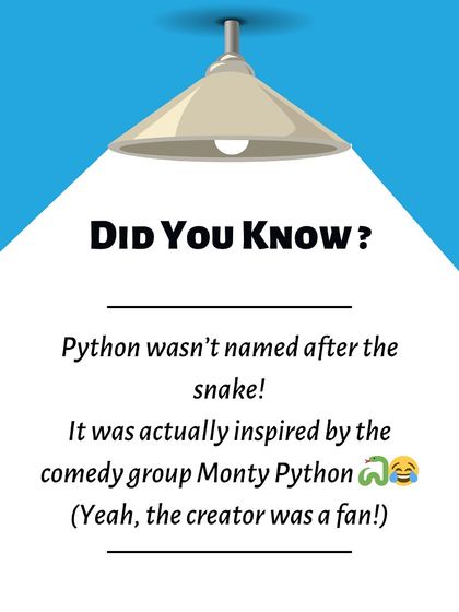 A fun fact about Python's origin. It was not named after the snake but was inspired by the comedy group Monty Python, as the creator was a fan.