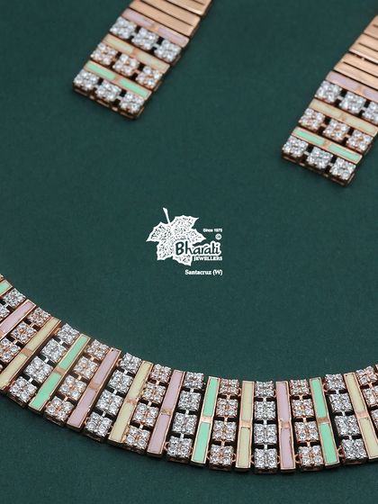 A detailed view of the Fusion Rose Gold necklace, showcasing the interplay of textures and colors. The combination of mint, blush, and ivory enamel with sparkling diamonds creates a unique, artistic effect.