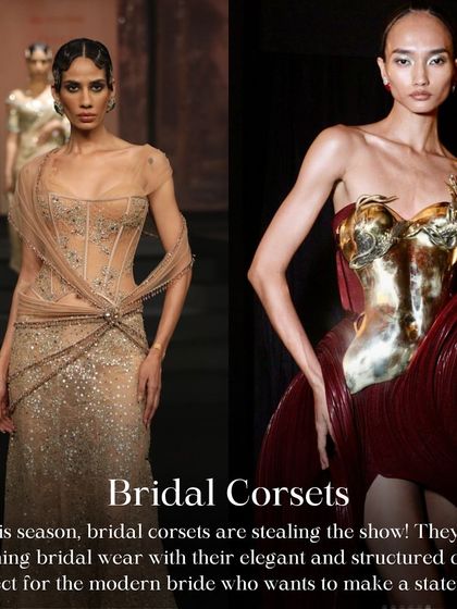 Bridal corsets are redefining modern bridal wear. These structured designs offer an elegant, figure-flattering silhouette that makes a bold statement, as seen in collections from Tarun Tahiliani and Gaurav Gupta.