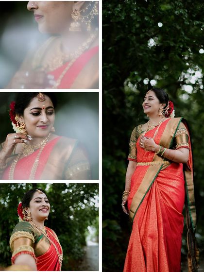 A collage of the bride's portraits, capturing her joyful expressions and the beauty of her traditional attire against a natural backdrop.