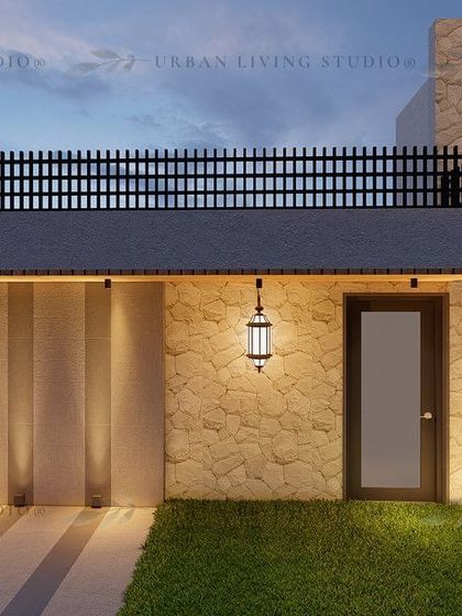 This design highlights the architectural facade, using a mix of stone cladding and vertical grooves with uplighting to create a modern and textured look.