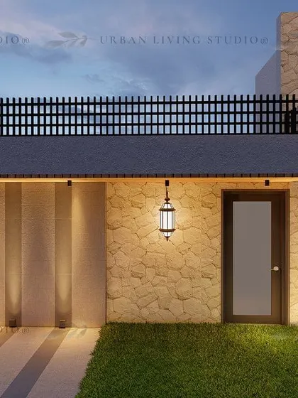 This design highlights the architectural facade, using a mix of stone cladding and vertical grooves with uplighting to create a modern and textured look.
