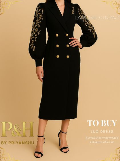 A full-length shot of the black and gold embroidered dress, capturing its commanding presence and tailored silhouette.
