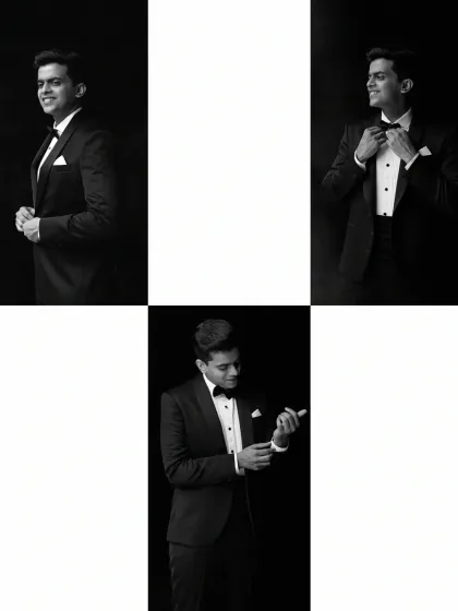 A triptych of a groom in a classic black tuxedo. These black and white portraits capture his confident smile and the sharp details of his attire as he gets ready for the big moment.