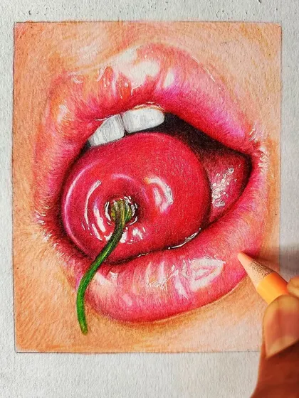 Sometimes I like to challenge myself with hyper-realistic sketches. This piece, focusing on the light and shadow on lips and a cherry, shows the level of detail I can achieve with professional color pencils. It’s all about making the drawing look real.
