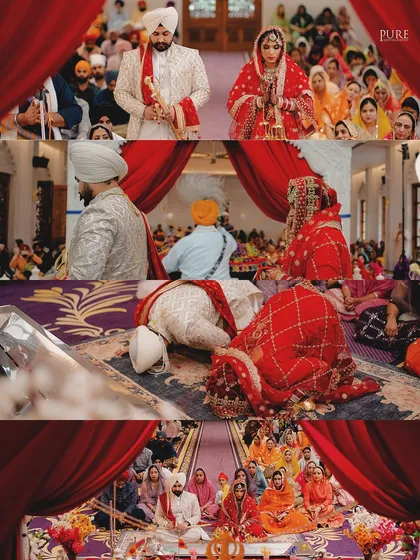 A collage showing the sacred Anand Karaj ceremony. We focus on capturing the reverence of the moments, from bowing before the Guru Granth Sahib to the gathering of the Sangat.