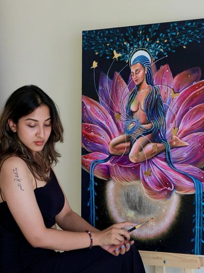 This painting is a symphony of spiritual symbols, from the blooming lotus to the sun and moon, all representing the encompassing essence of the self.