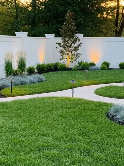 A garden with a winding path and soft, ornamental grasses. The landscape lighting highlights the path and the texture of the plants, creating a beautiful evening scene.