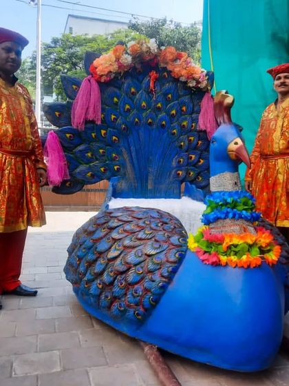A clear view of our vibrant peacock doli, ready for the bride. The detailed blue and multicolored body and feather-like backrest make it a standout choice for a memorable entrance.