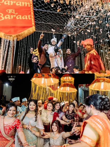 A collage showing the energy of the "Param ki Baraat," with the groom's side dancing and celebrating on their way to the wedding.