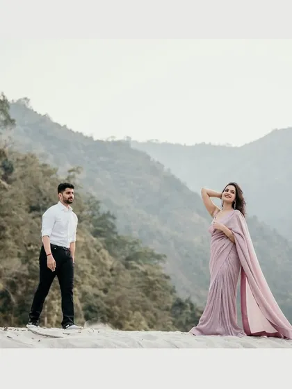 Taking love stories to new heights in the serene landscape of Rishikesh. We work with couples to find stunning backdrops for their pre-wedding shoots, creating images that are both epic and deeply personal, like this moment with Ruchi and Shubham against the mountains.