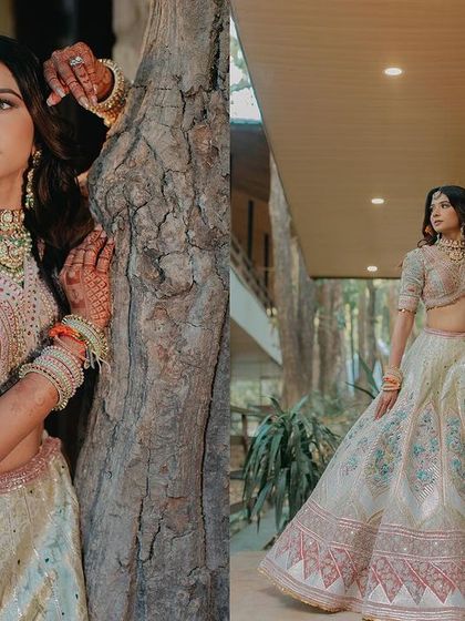 A diptych of Ipsa posing against natural and architectural elements. These portraits showcase the full glory of her embroidered lehenga and how it complements the surroundings.