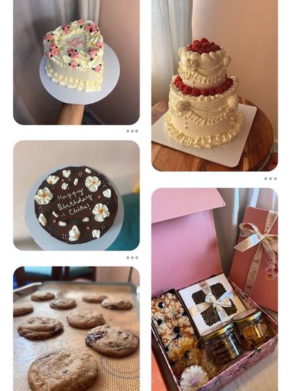This collage shows the range of my baking, from a vintage heart cake and a tiered cake to a chocolate floral cake, cookies, and a gift hamper.