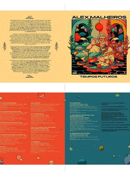 The inner sleeve and cover spread for the 'Tempos Futuros' vinyl, showing the tracklist and liner notes.